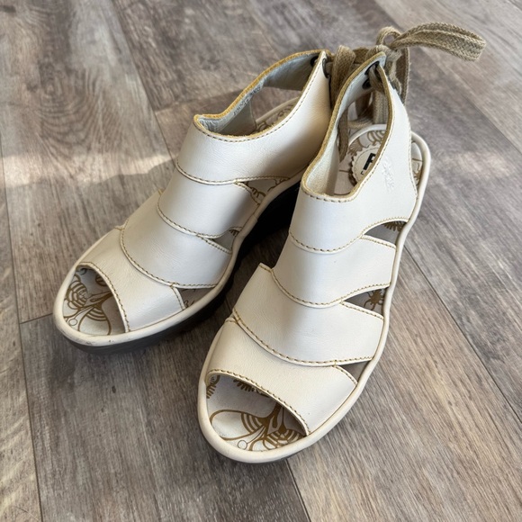 Fly London Shoes - Fly London Yown Cage Elegant Cream Platform Sandals with Tie Heel - Size 37